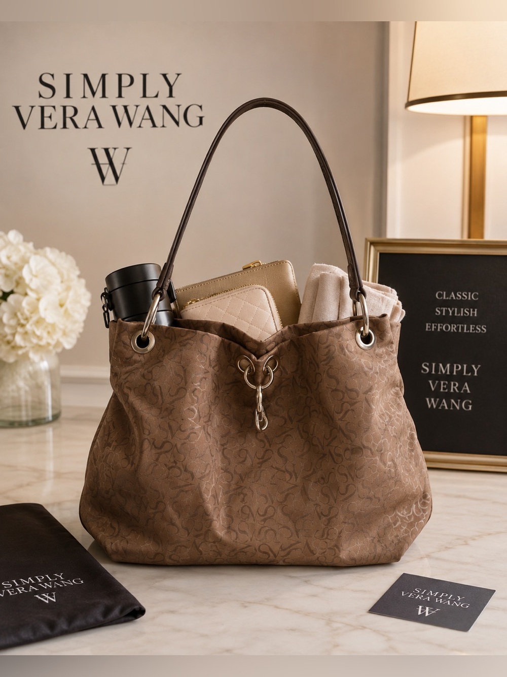 Simply Vera Vera Wang Monogram Slouchy Hobo Shoulder Bag-EUC